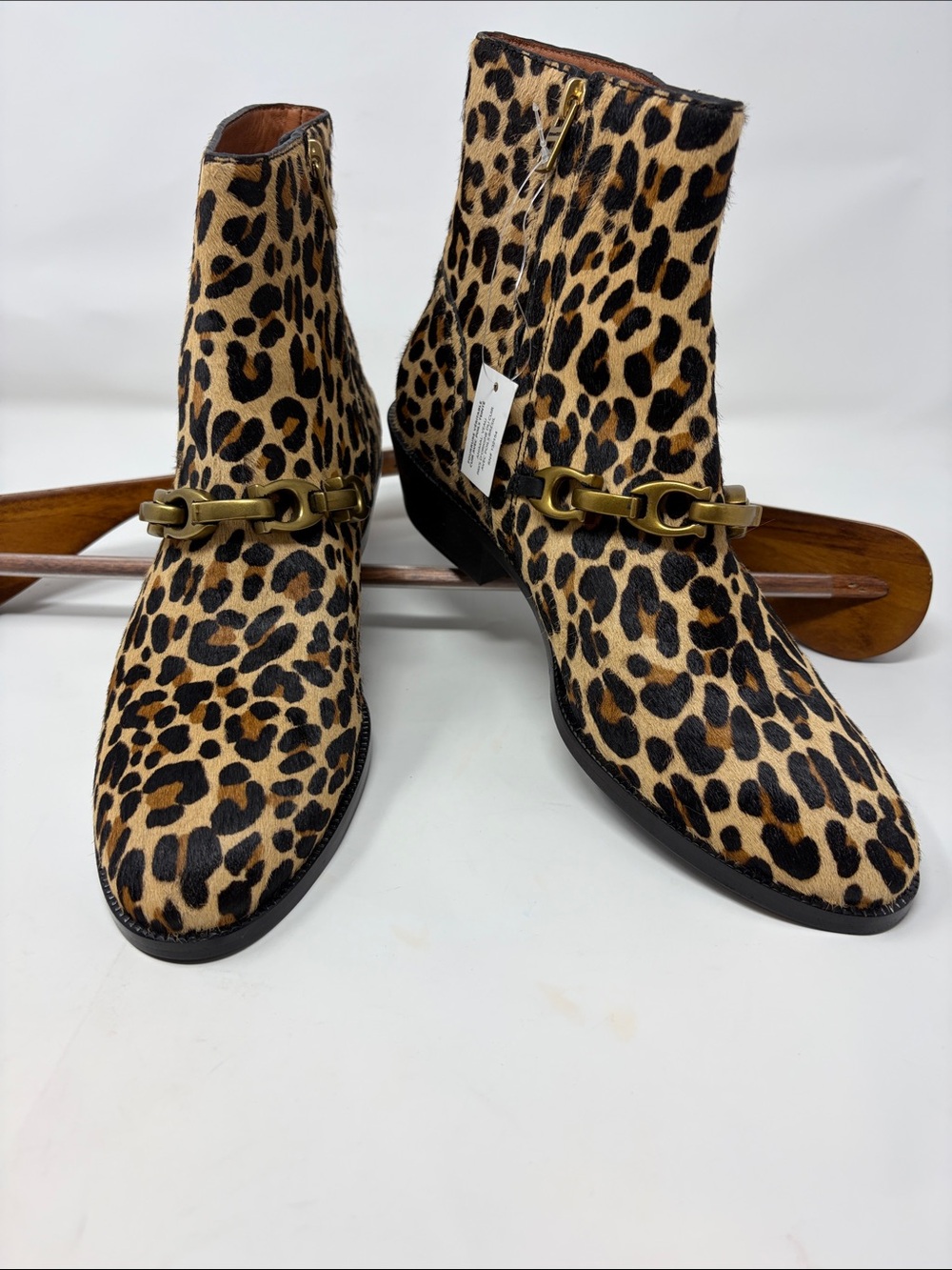 Coach Leopard Print Ankle Calf Fur Boots with Gold Chain Accent Size 8.5 New
